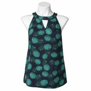 Market & Spruce Pineapple Print Sleeveless Keyhole Blouse Navy Green Size M